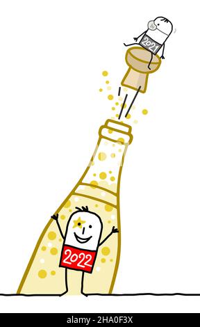 Dessin main Cartoon 2022 Homme avec une bouteille de champagne, et un petit 2021 gars sur le chapeau avec masque Illustration de Vecteur Dessin main Cartoon 2022 Homme avec une bouteille de champagne, et un petit 2021 gars sur le chapeau avec masque Illustration de Vecteur