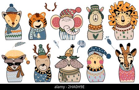 Animaux de Noël mignons : renard, tigre, cerf, hibou, lama,lion, raton laveur, girafe et autre.Ensemble de personnages en dessin animé.Concept Noël et nouvel an.Illustration vectorielle Illustration de Vecteur