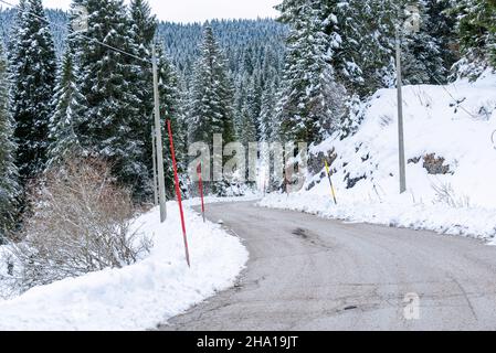 Route de montagne sinueuse vide à travers une forêt enneigée lors d'une journée d'hiver nuageux Banque D'Images