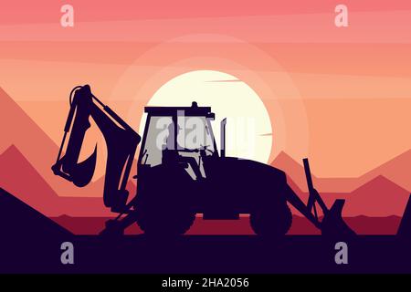 conducteur conduisant une pelle rétro lourde avec un paysage de coucher de soleil en arrière-plan Illustration de Vecteur