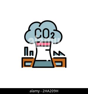 Air polluant en usine avec CO2.Émissions provoquant le réchauffement de la planète.Pixel Perfect, icône colorée de contour modifiable Illustration de Vecteur