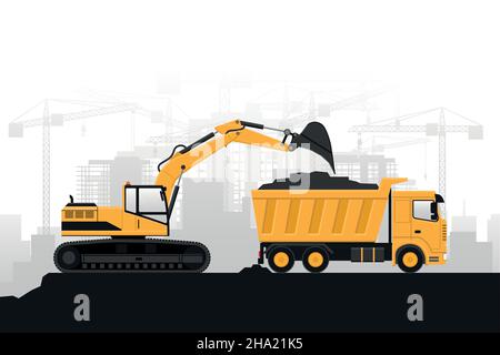 Construction de bâtiments avec des machines lourdes, pelle hydraulique sur pneus remplissant un camion sur fond gris Illustration de Vecteur