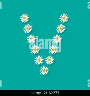 Lettre V de fleurs de camomille blanches.Police ou décoration festive pour les vacances de printemps ou d'été et le design.Illustration vectorielle plate Illustration de Vecteur