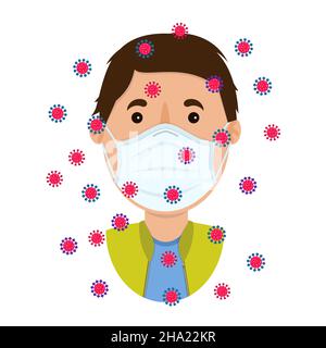 Homme blanc portant un masque chirurgical blanc pour se protéger de l'air contaminé par des variantes virales.Arrière-plan blanc.Isolé. Illustration de Vecteur