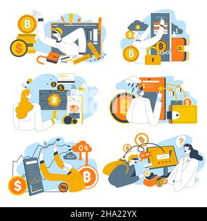 Portefeuille et compte numériques avec crypto-monnaie et blockchain.Personnes utilisant des services en ligne pour l'échange et la conversion de la somme d'argent.Banque et paym Illustration de Vecteur
