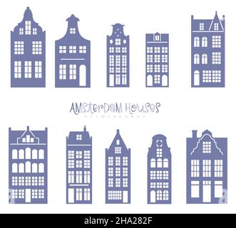 Silhouette d'une rangée de maisons d'Amsterdam.Façades de vieux bâtiments européens pour la décoration de Noël.Les maisons de Hollande.Vecteur défini pour la coupe au laser Illustration de Vecteur