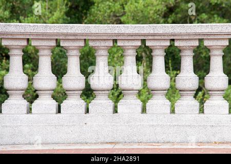 Piliers de balcon richement ornés, gros plan avec verdure en arrière-plan Banque D'Images