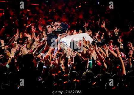 Milan, Italie.09th décembre 2021.Maneskin, Damiano David lors de X-FACTOR ITALIA 2021 finales, concert de musique à Milan, Italie, décembre 09 2021 crédit: Agence de photo indépendante/Alamy Live News Banque D'Images