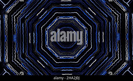 Belles lignes et motifs géométriques au néon tournant en octogonal sur fond noir.Kaléidoscopes au néon animés Banque D'Images