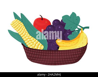 Fruits dans un bol en bois.Le maïs, la banane, la pomme, le raisin sont à l'intérieur du panier.Alimentation saine, vecteur de concept de récolte dans le style plat. Illustration de Vecteur