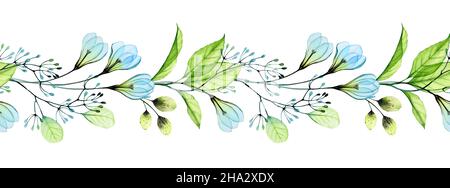 Bordure fleurie sans couture.Guirlande aquarelle abstraite avec fleurs bleues et feuilles vertes fraîches.Illustration botanique dessinée à la main pour le mariage de printemps Banque D'Images