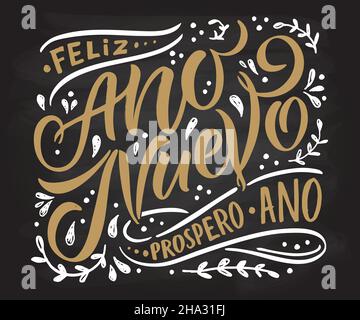 Croquis à la main de la bonne année en espagnol carte, badge, icône typographie.Lettering Happy Year en espagnol pour Noël, carte de vœux du nouvel an Illustration de Vecteur