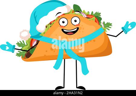 Mignon caractère mexicain taco avec des émotions joyeuses, visage heureux, sourire, yeux, bras et jambes dans chapeau de Santa avec foulard et moufles.Personne de restauration rapide avec expression de panique, sandwich avec pain plat. Illustration de Vecteur