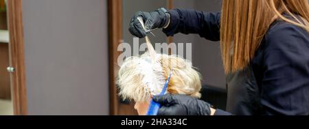 Colorer les cheveux des femmes dans le salon de coiffure.Jeune femme ayant ses cheveux teints par une esthéticienne au salon de beauté Banque D'Images