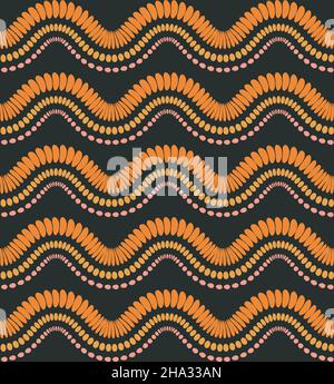 Motif ethnique abstrait incurvé sans couture.70s déco tribale horizontale africaine géométrique, modèle répétitif.Couleurs orange, jaune et rose vives Illustration de Vecteur