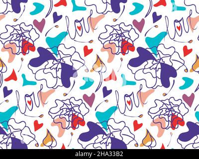Coeurs joli motif sans couture.Mot d'amour lettrage.Coeur décoratif dessiné à la main, formes de fleurs abstraites, style Doodle.Multicolore.Couleur blanche Illustration de Vecteur