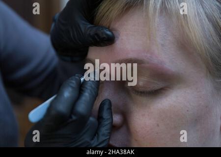 Femme recevant la procédure de toilettage des sourcils à l'atelier à domicile, gros plan Banque D'Images