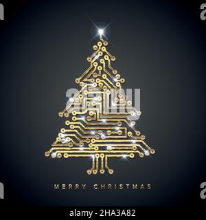 Modèle de carte de noël vectoriel avec arbre de noël en circuit électronique doré numérique sur fond gris foncé avec futu blanc lights.Computer Illustration de Vecteur