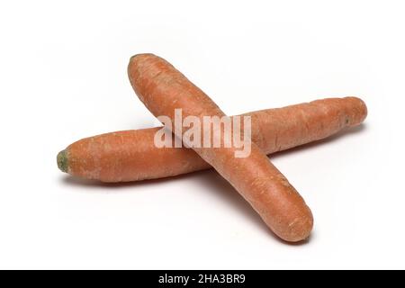 deux carottes d'orange mûres croisées l'une sur l'autre isolées sur fond blanc Banque D'Images