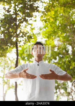 Homme pratiquant le Tai Chi à six sens Hideaway Yao Noi, Koh Yao Noi, Thaïlande. Banque D'Images