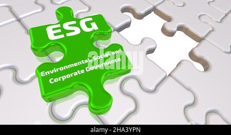 Des éléments de puzzles blancs pliés et un vert avec le texte ESG - Environmental, social et Corporate Governance.3D illustration Banque D'Images