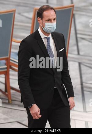 Oslo, Norvège.10th décembre 2021.Le prince héritier norvégien Haakon assiste à la cérémonie du prix Nobel de la paix à l'hôtel de ville d'Oslo le 10 décembre 2021.Photo de Rune Hellestad/ Credit: UPI/Alay Live News Banque D'Images