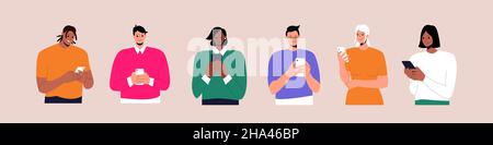 Collection de jeunes regardant sur un smartphone.Ensemble de personnes de différentes origines ethniques utilisant des smartphones.Collection de personnages féminins et masculins.Plat Illustration de Vecteur
