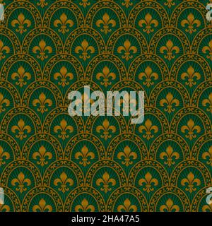 Fleur de Lys Seamless Pattern.Arrière-plan vectoriel en or et vert. Illustration de Vecteur