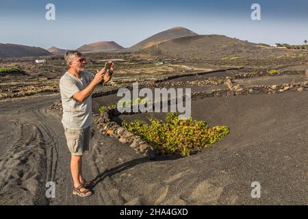 homme de 63 ans photographie les vignes avec son smartphone, viticulture, méthode de construction sèche, paysage volcanique près de la geria, lanzarote, îles canaries, espagne, europe Banque D'Images