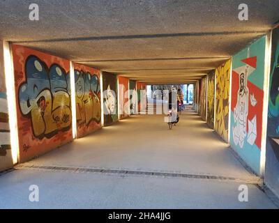 tunnel sous l'ange de la paix. en 2011, loomit, l'artiste de rue le plus célèbre de munich, a invité des artistes internationaux de graffiti à concevoir le passage souterrain piétonnier et cycliste sous l'ange de la paix. Banque D'Images