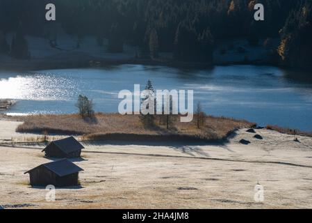 grange de foin à geroldsee, houarfrost sur les prés à bosse près de klais, werdenfelser pays, bavière, allemagne Banque D'Images