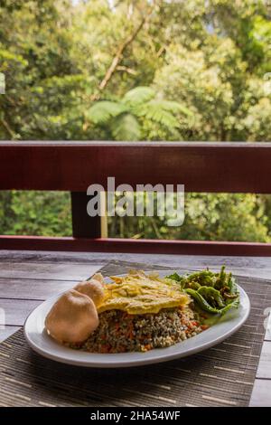 Repas en Malaisie - riz frit avec œuf, salade papaye non mûre. Banque D'Images