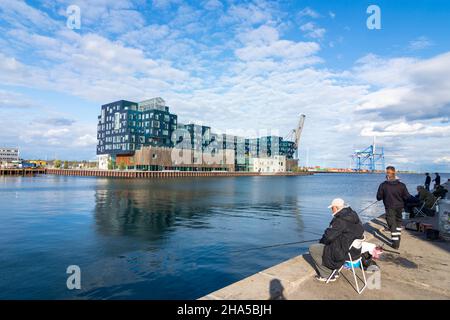 Copenhague, Koebenhavn: École internationale de Copenhague, bassin du port d'Orientbassinet, quartier de Nordhavn, angler, in ,ZELANDE, Sealand, Sjaelland, Den Banque D'Images