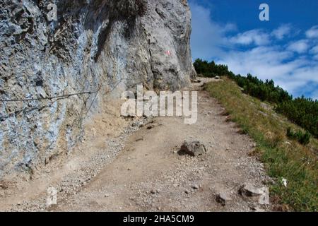 ascension à bärenkopf (1991m), face rocheuse, sentier de randonnée, poney, protection de câble en acier, sur les derniers mètres au sommet, ciel bleu, achensee, tyrol, autriche Banque D'Images