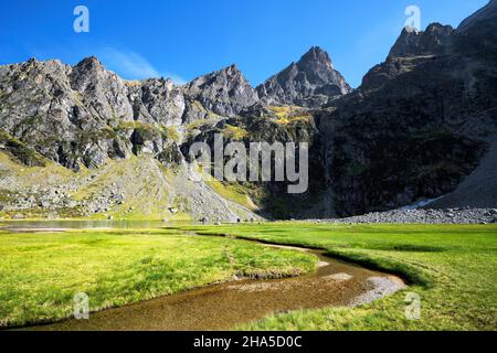 paysage herbacé avec un ruisseau et un lac en face de montagnes rocheuses sauvages au-dessus de l'erstfeldertal par une journée ensoleillée en été. obersee,alpes urner,suisse,europe. Banque D'Images