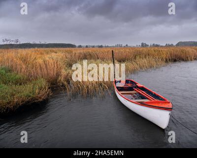 un bateau de pêche amarré sur la rive de rügen pendant les tempêtes et la pluie en automne Banque D'Images