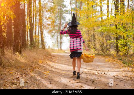 belle sorcière brune skinny dans un chapeau de sorcière marche dans la forêt d'automne avec un panier Banque D'Images