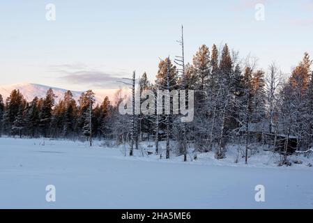 huttes dans la forêt, lac couvert de neige, derrière le pallastunturi, yli-kyrö, laponie, finlande Banque D'Images