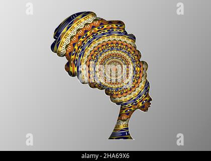 Portrait de femme africaine de mode en turban coloré, style de coupe de papier, modèle de mandala d'Afrique, fond textile de motif tribal afro Illustration de Vecteur