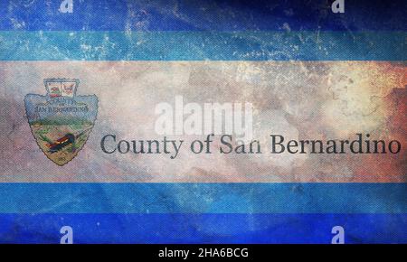 Vue de dessus du comté rétro de San Bernardino, drapeau de Californie avec texture grunge, Etats-Unis, pas de mât.Présentation de la conception de plan.Arrière-plan drapeau Banque D'Images