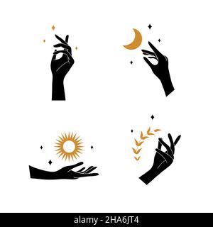 Main de boho avec lune et soleil.Collection de logos de design esthétique bohème.Talismans ésotériques d'alchimie.Illustration vectorielle de style minimaliste Illustration de Vecteur