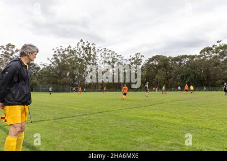 Sydney, Australie jeu de football amateur de base pour hommes de plus de 55 ans, joué sur l'herbe, linesman sur la ligne de contact avec drapeau vers le bas Banque D'Images