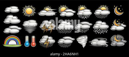 Ensemble vectoriel d'icônes météo, collection de lot de diverses illustrations découpées d'icônes météo grises décoratives, bannière avec variété de groupe chariot isolé Illustration de Vecteur