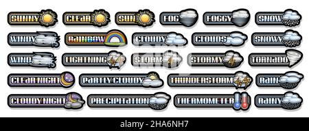 Ensemble vectoriel d'icônes météo, collection de lot de diverses illustrations découpées d'icônes météo sombres décoratives, bannière avec variété de groupe chariot isolé Illustration de Vecteur