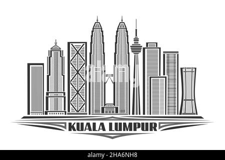 Illustration vectorielle de Kuala Lumpur, affiche horizontale monochrome avec design linéaire paysage urbain asiatique, concept d'art urbain avec décoration unique l Illustration de Vecteur