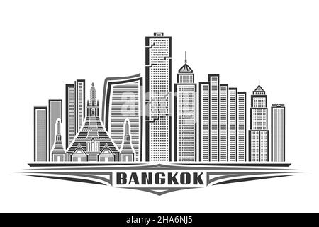 Illustration vectorielle de Bangkok, affiche horizontale monochrome avec design linéaire célèbre ville de bangkok, concept de ligne d'art urbaine avec décoration de jeu Illustration de Vecteur