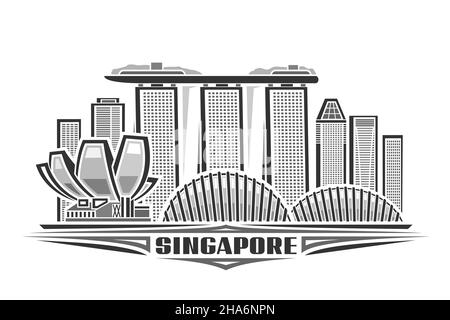 Illustration vectorielle de Singapour, affiche horizontale monochrome avec design linéaire ville de singapour, concept d'art urbain asiatique avec décoration l Illustration de Vecteur