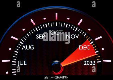 3D illustration d'un compteur de vitesse détaillé montrant la fin de 2021 et le début de 2022.En comptant les mois, jusqu'à la nouvelle année Banque D'Images