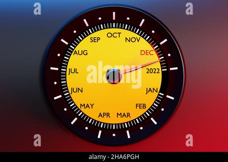 3D illustration d'un compteur de vitesse détaillé montrant la fin de 2021 et le début de 2022.En comptant les mois, jusqu'à la nouvelle année Banque D'Images