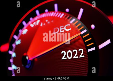 3D illustration d'un compteur de vitesse détaillé montrant la fin de 2021 et le début de 2022.En comptant les mois, jusqu'à la nouvelle année Banque D'Images